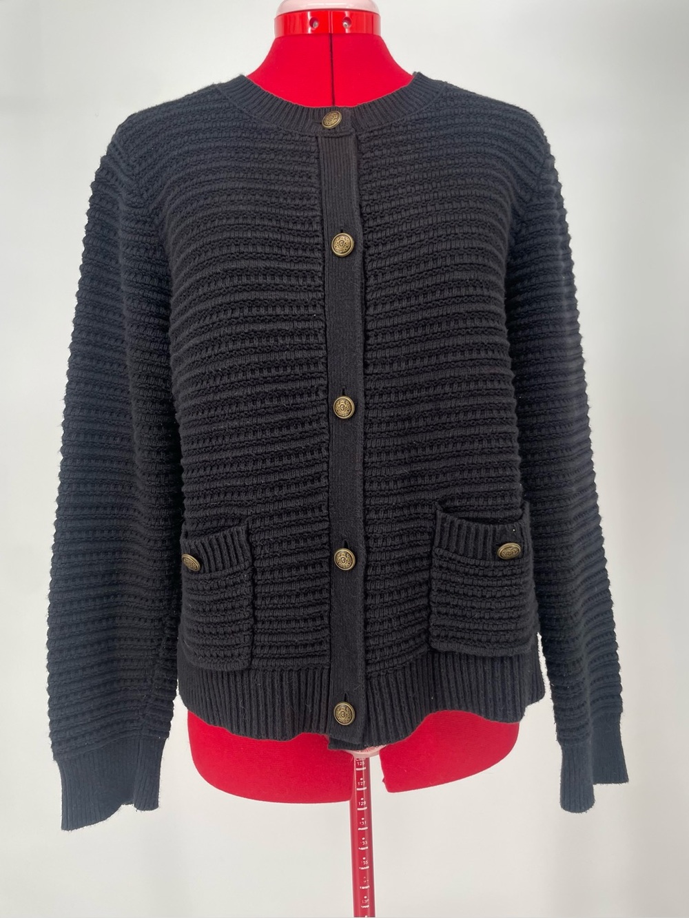 Loft Black Cozy Horizontal Ribbed Knit Cardigan Sweater Gold/Bronze Buttons